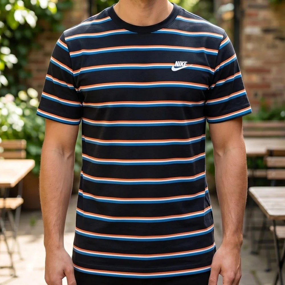 Nike Mens Striped Short‎ Sleeve Crewneck T-Shirt Black Blue Orange Swoosh Logo